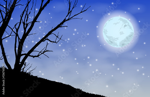 Trees silhouette night moon. Illustration