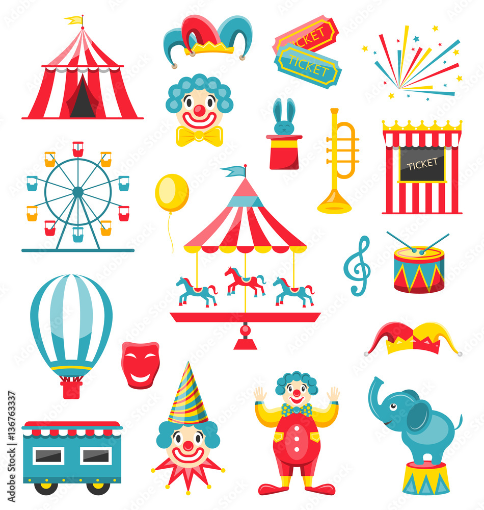 Circus and Carnival Icons Isolated on White Background