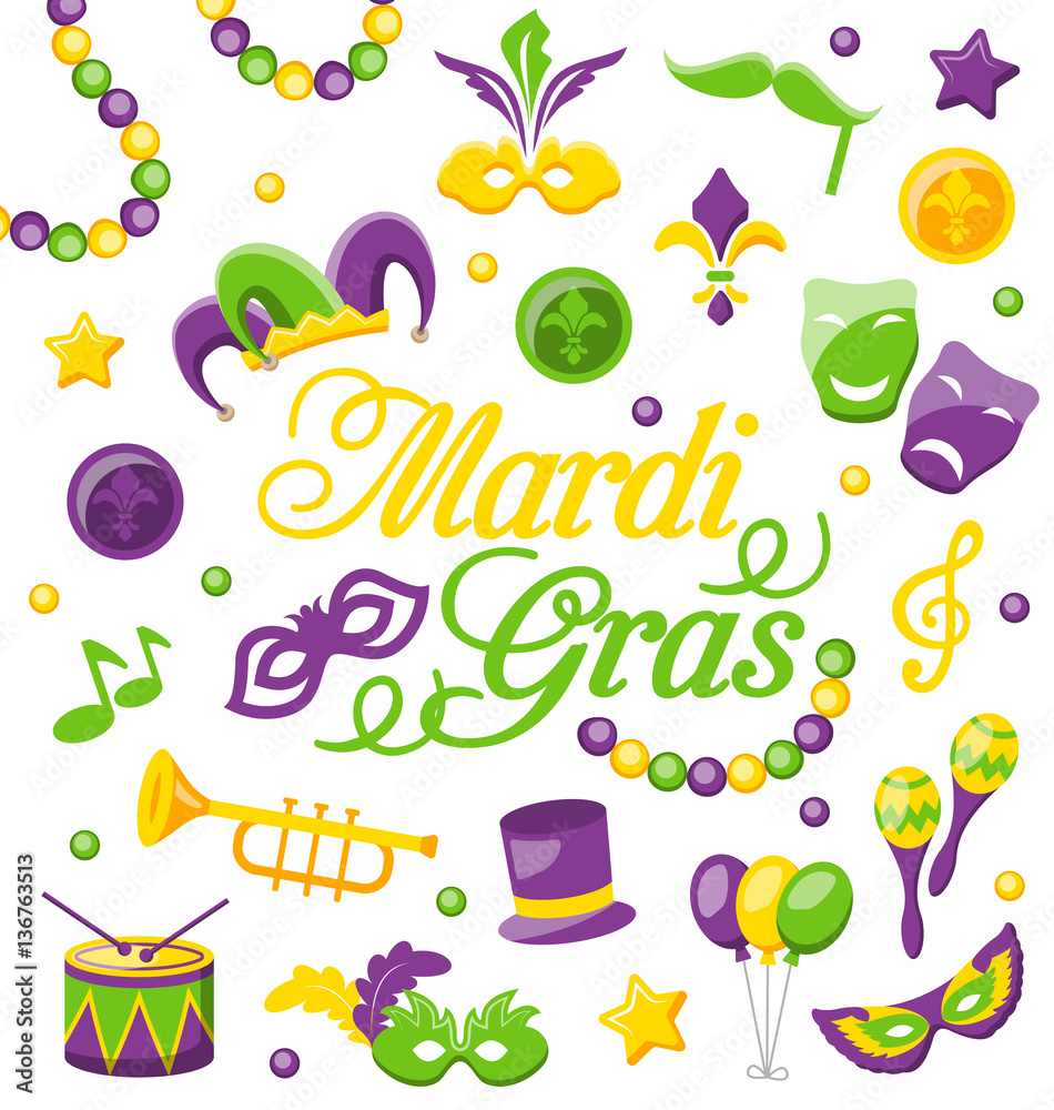 Celebration Background with Set Mardi Gras and Carnival Icons and Objects