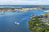 Aerial view of USS Arizona and USS Missouri Memorials at Ford Is
