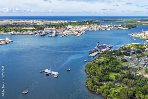 Aerial view of USS Arizona and USS Missouri Memorials at Ford Is