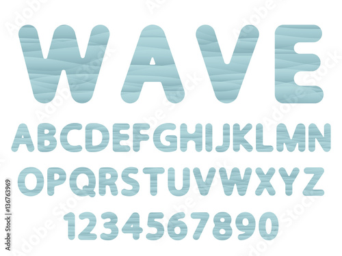 blue gradient vector font of english alphabet caps letters and numerals as waves shape