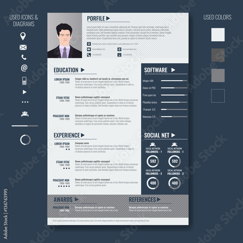 Vector creative minimalist cv resume template with photo frame and infographic charts. Casual, solid and clean template .
