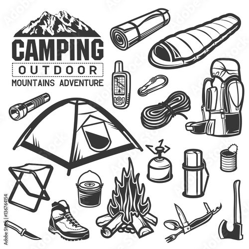 Camping and hiking equipment symbols .Tent, logo, backpack, campfire, knife, axe, flashlight, gps, thermos, boot, mountane, food. photo