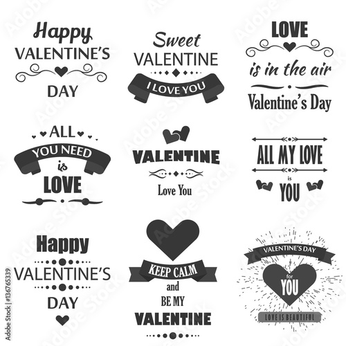 Valentine s Day badges  heart icons  symbols illustrations and typography vector design elements.