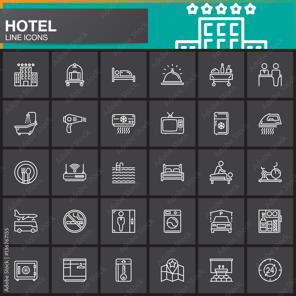 Hotel services and facilities line icons set, outline vector symbol