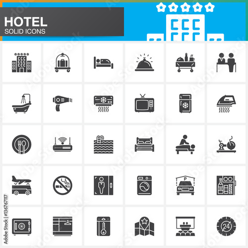 Hotel services and facilities vector icons set, modern solid symbol collection, filled style pictogram pack. Signs, logo illustration. Set includes icons as hotel, bed, reception, safe, tv, pool, key