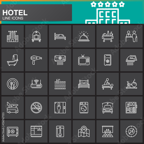 Hotel services and facilities line icons set, outline vector symbol collection, linear white  pictogram pack. Signs, logos. Set includes icons as hotel, bed, reception, safe, tv, pool, key, map, lift