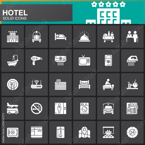 Hotel services and facilities vector icons set, modern solid symbol collection, filled white pictogram pack. Signs, logo illustration. Set includes icons as hotel, bed, reception, safe, tv, pool, key