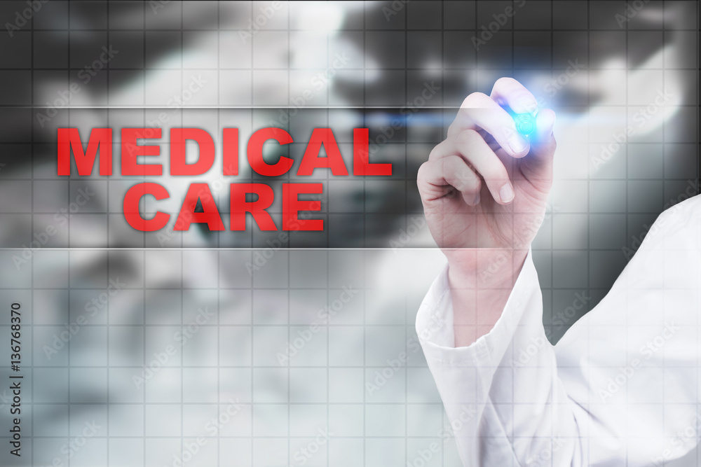 Medical doctor drawing medical care on virtual screen. Medical doctor drawing medical care on virtual screen.