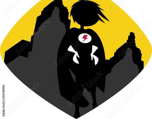 Cartoon Superhero Silhouette with Skyscraper Background
