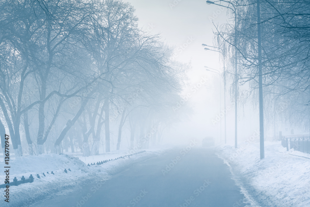 Empty street in fog in mysterious city