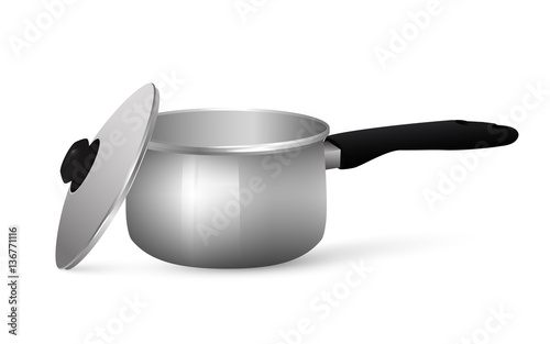 Metal pot with lid. A stainless pan isolated on a white background. Vector Illustration