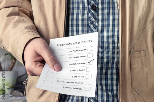 Election day in France. Voter holds ballot. Selection of the candidate from France's Socialist party. 

 photo