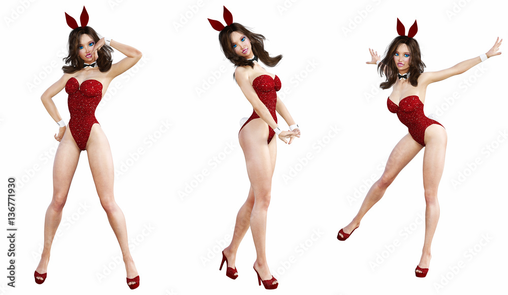 Set Bunny Girl. Sexy woman long legs. Red swimsuit shoes. Playboy.  Conceptual fashion art. Blue eyes. Seductive candid pose. Photorealistic 3D  render illustration. Isolate. Studio, high key. Stock-illustration | Adobe  Stock