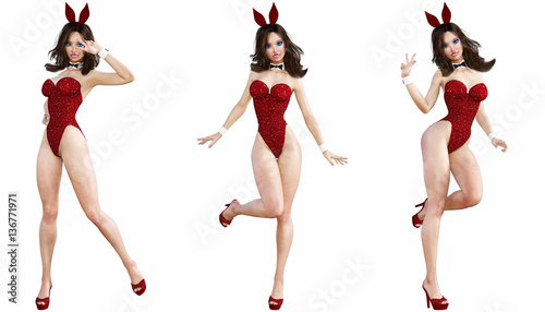 Set Bunny Girl. Sexy woman long legs. Red swimsuit shoes. Playboy. Conceptual fashion art. Blue eyes. Seductive candid pose. Photorealistic 3D render illustration. Isolate. Studio, high key.