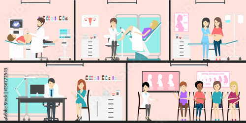 Prenatal medical center for pregnant women. Interior set with doctors, nurses and visitors.