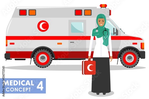 Medical concept. Detailed illustration of muslim arabic emergency doctor woman and ambulance car in flat style on white background. Vector illustration.