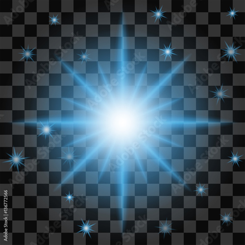 Isolated starburst pattern on a transparent background. Blue neon star with sparkles for design