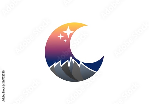 mountain, moon, crescent, logo, global twilight sunset curve concept logotype, illustration stars and night symbol icon, circle shape natural landscape vector design, letter C graphic sign 
