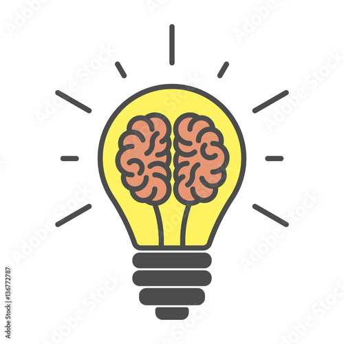 Brains in lightbulb on white background. Isolated icon is symbol of idea, brainsorm and crativity.