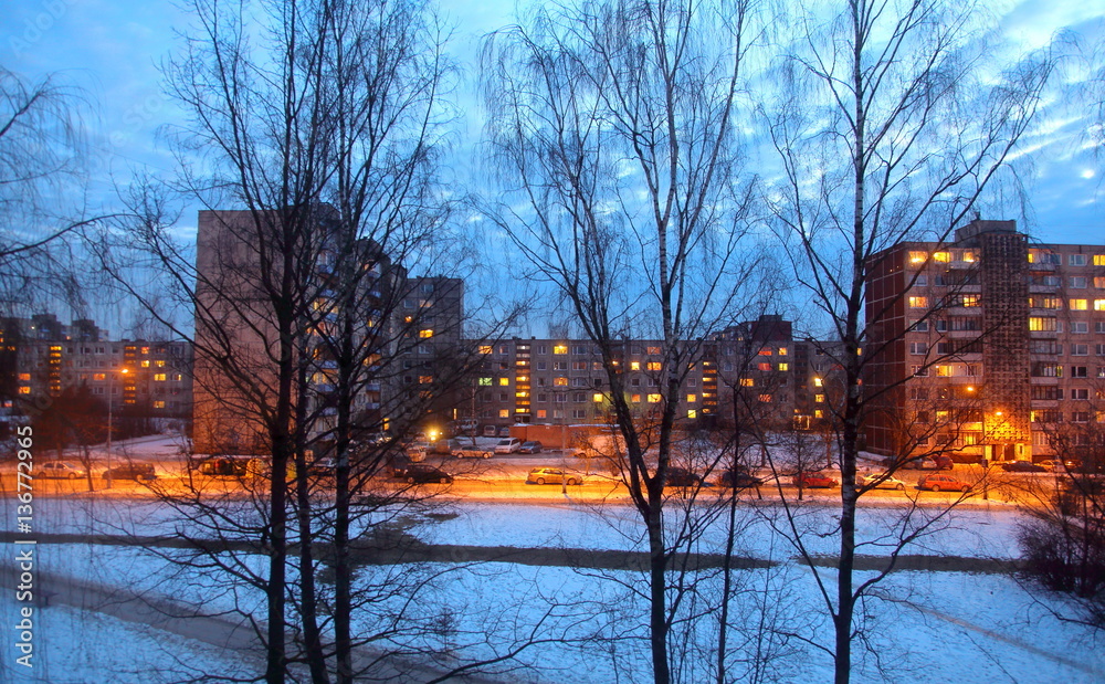 Naklejka premium Winter evening in Vilnius,Karoliniskės