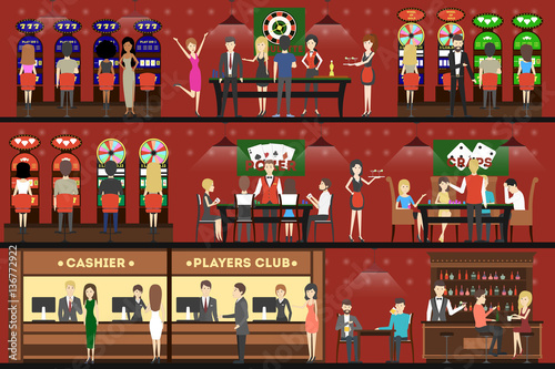 Casino interior set. Cashier, players club and tables. Visitors play and gamble.