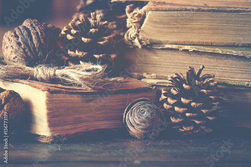 Old vintage books on wooden table with pine cones and walnuts. Vintage, retro look. 