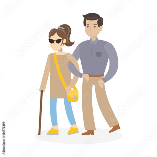 Isolated disabled woman on white background. Young beautiful blind woman in dark glasses with stick and helper.
