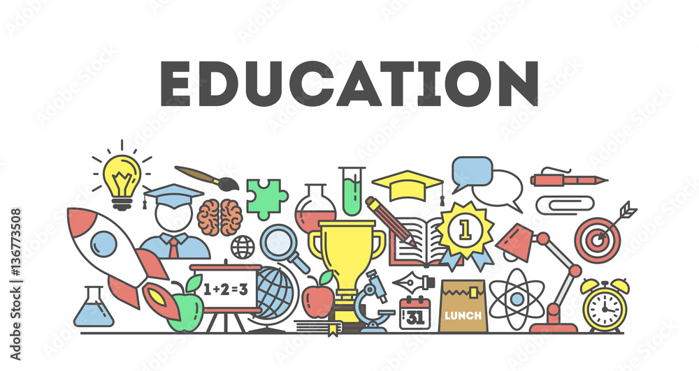 Eduation illustartion concept on white background. Word with many icons as target, lamp, medal, apple and more. White background.