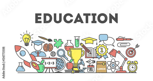 Eduation illustartion concept on white background. Word with many icons as target, lamp, medal, apple and more. White background.