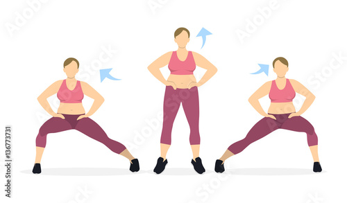 Lunges exercise for legs on white background. Healthy lifestyle. Workout for legs. Exercises for fat women.