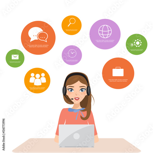 woman in customer service online to communication with job. business people character.