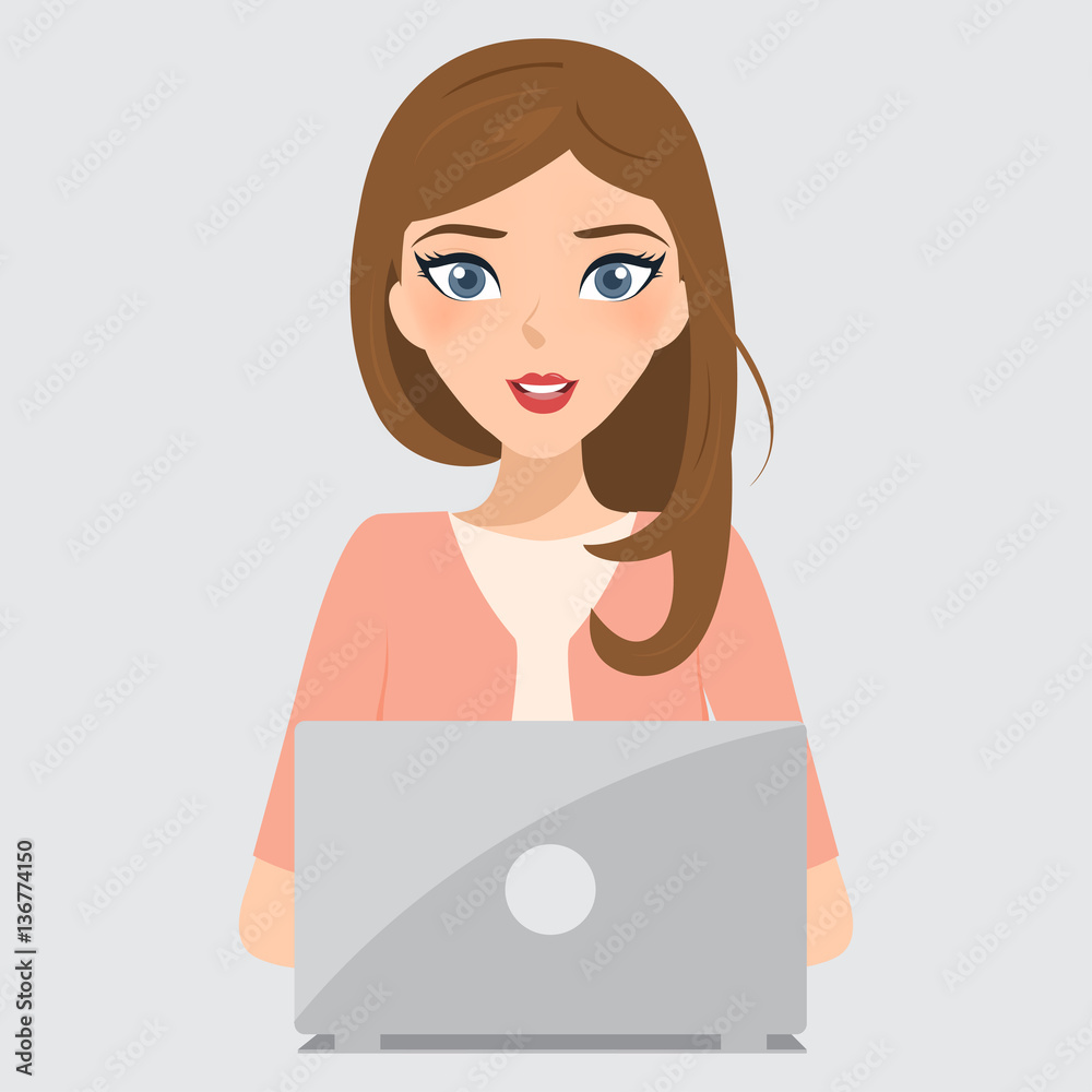 business woman character in job at office work with laptop. people character vector design. customer service support. business woman character in job at office work with laptop. people character vector design. customer service support.