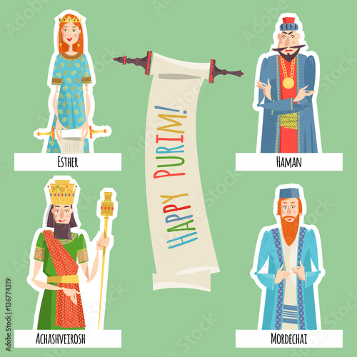 Finger puppets for Jewish festival of Purim. Book of Esther characters and heroes: Achashveirosh, Mordechai, Esther, Haman.