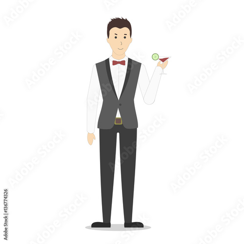 Isolated bartender on white background. ma in uniform with a glass of alcohol cocktail.