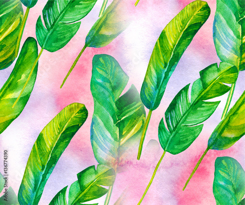 Seamless pattern with tropical leaves. watercolor background with banana leaves