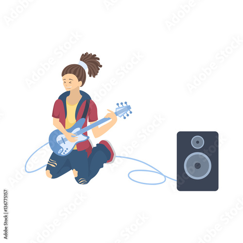 Isolated guitar player on white background. Cool singer and musician.