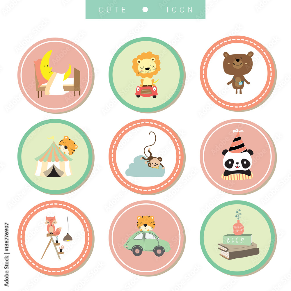Cartoon icon collection with bear,fox,tiger,panda,monkey,lion,ca