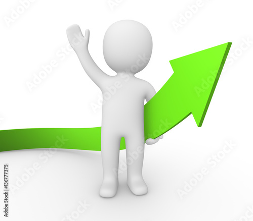 3d man holding green arrow and greeting. 3d render.