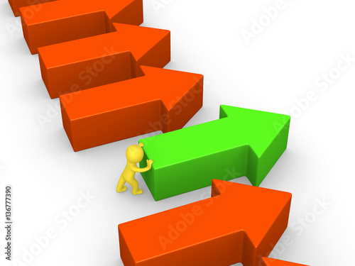 3d man pushing green arrow among red arrows. 3d render.