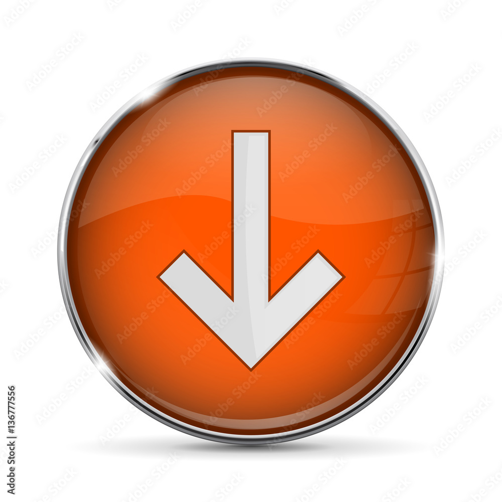Orange DOWN button with white arrow. Shiny 3d icon with metal frame Orange DOWN button with white arrow. Shiny 3d icon with metal frame