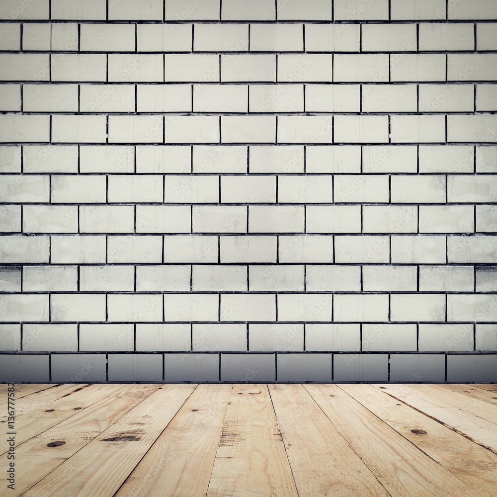 Grunge white brick wall background and wood floor perspective ro