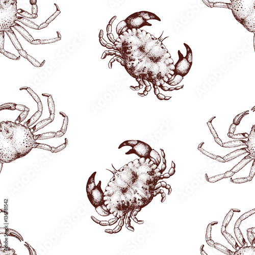 Vector seafood seamless pattern with crabs. Retro lillustration.