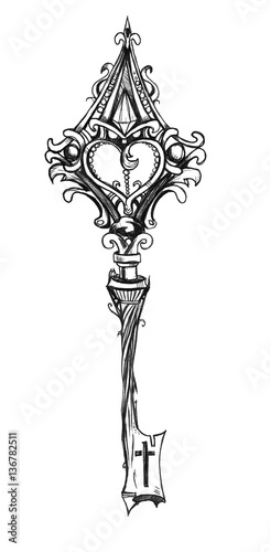 Beautiful antique key on white background. Silhouette. Drawn by hand. Nice element for your project.