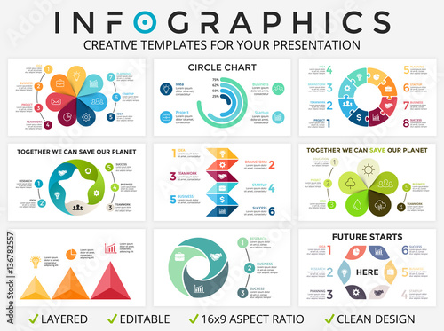 Vector circle arrows infographic, cycle diagram, graph, presentation chart. Business concept with 3, 4, 5, 6, 7, 8 option, part, step, process. Ecology nature, flower, triangle timeline, puzzle jigsaw