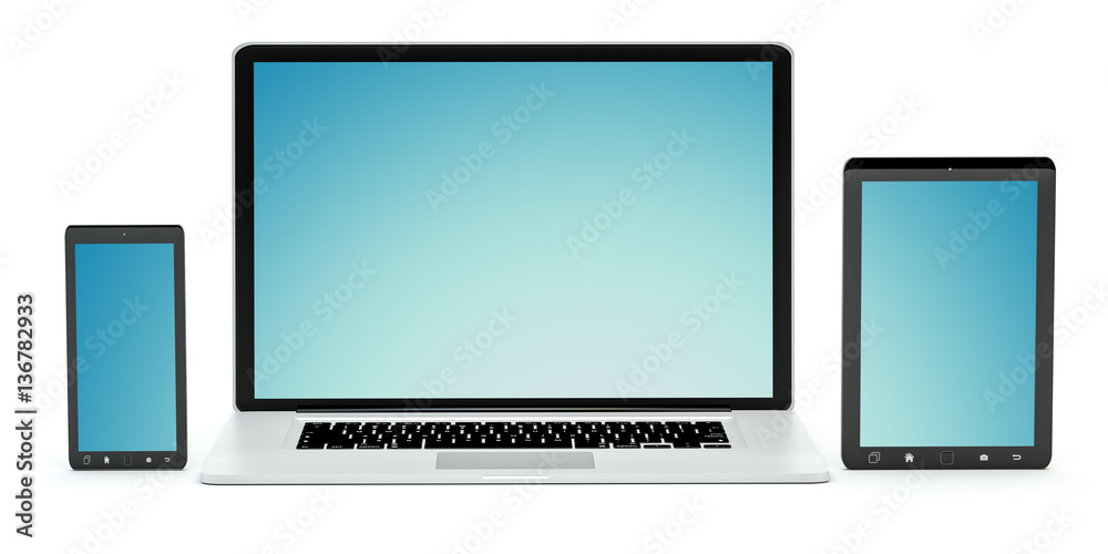 Modern computer laptop mobile phone and tablet 3D rendering Modern computer laptop mobile phone and tablet 3D rendering
