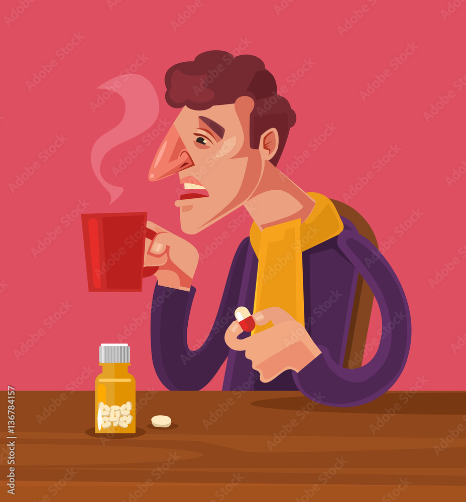 Sick man character take medicine. Vector flat cartoon illustration