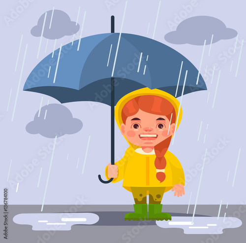 Little girl character under rain. Vector flat cartoon illustration