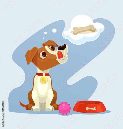 Dog character dreaming about bone. Vector flat illustration. Vector flat cartoon illustration